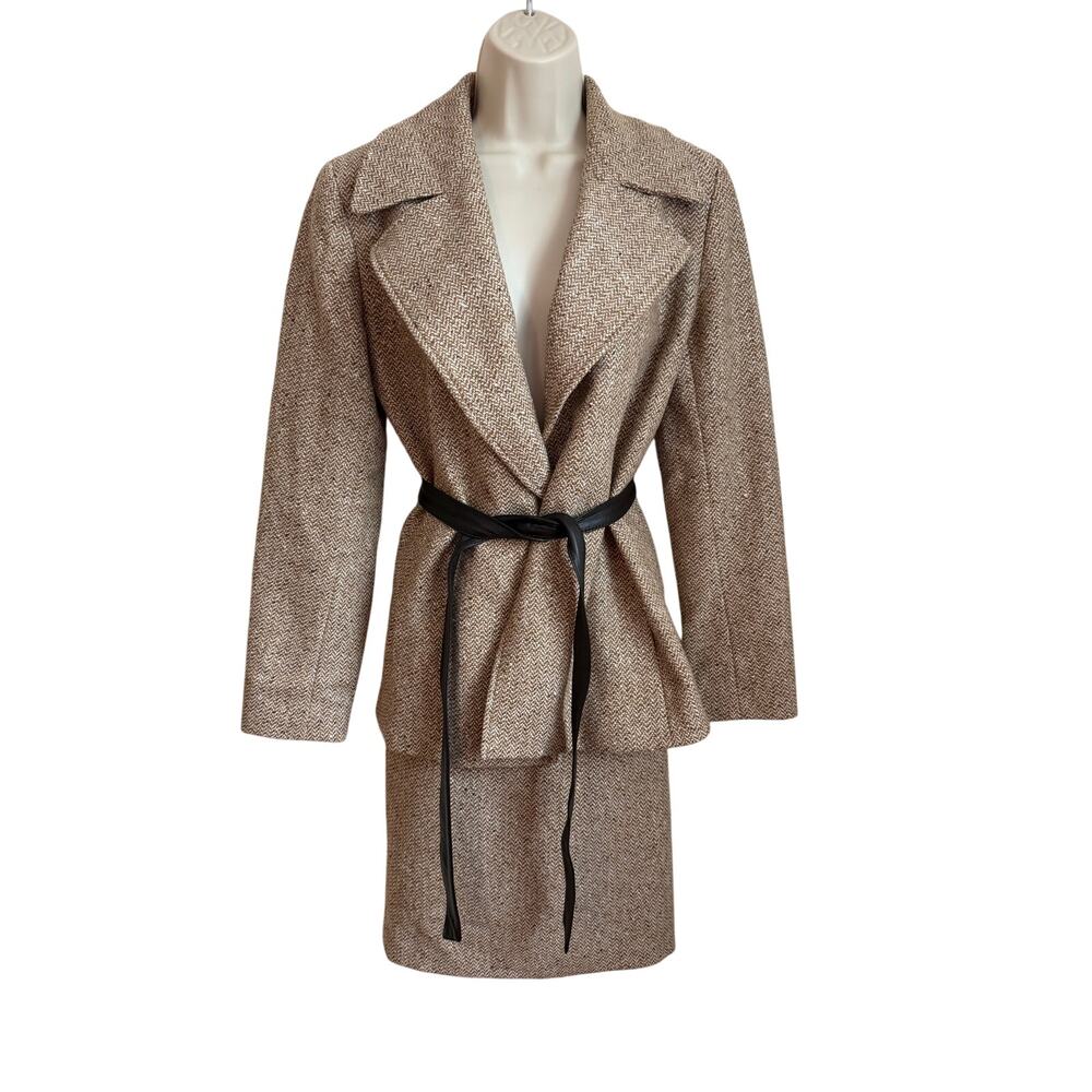 Lafayette 148 New York Wool Blend Skirt Suit w Faux Leather Belt Brown Womens 4